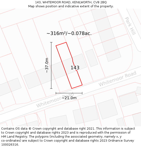 143, WHITEMOOR ROAD, KENILWORTH, CV8 2BQ: Plot and title map