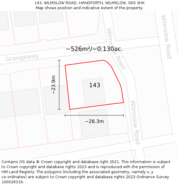 143, WILMSLOW ROAD, HANDFORTH, WILMSLOW, SK9 3HX: Plot and title map