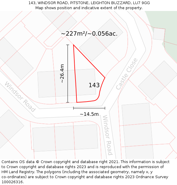 143, WINDSOR ROAD, PITSTONE, LEIGHTON BUZZARD, LU7 9GG: Plot and title map