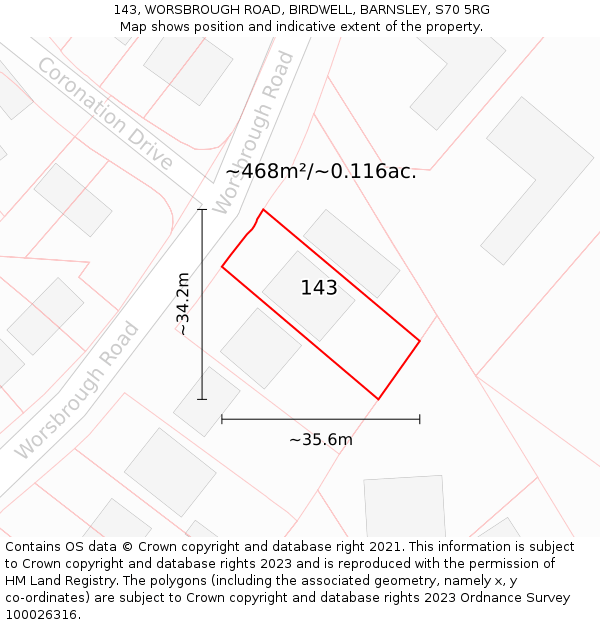143, WORSBROUGH ROAD, BIRDWELL, BARNSLEY, S70 5RG: Plot and title map