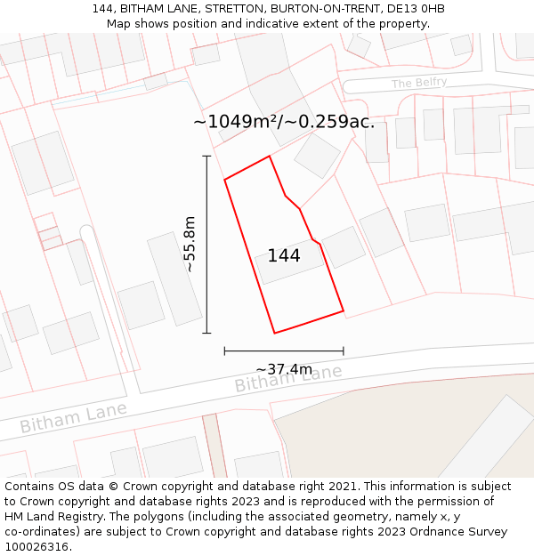 144, BITHAM LANE, STRETTON, BURTON-ON-TRENT, DE13 0HB: Plot and title map