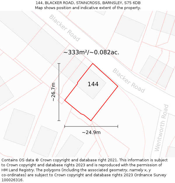 144, BLACKER ROAD, STAINCROSS, BARNSLEY, S75 6DB: Plot and title map