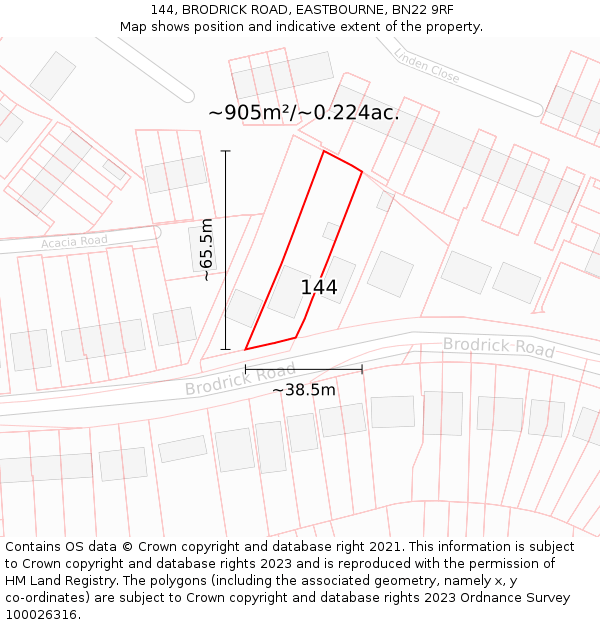144, BRODRICK ROAD, EASTBOURNE, BN22 9RF: Plot and title map