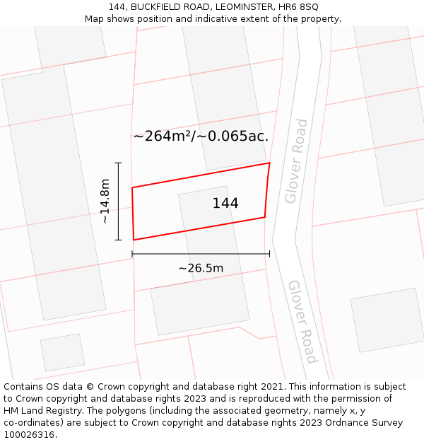 144, BUCKFIELD ROAD, LEOMINSTER, HR6 8SQ: Plot and title map