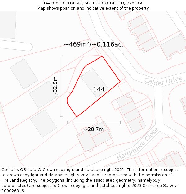 144, CALDER DRIVE, SUTTON COLDFIELD, B76 1GG: Plot and title map