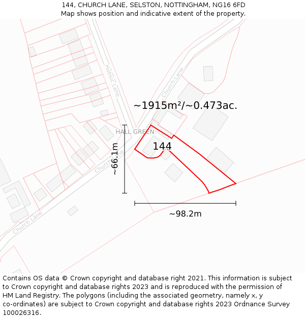 144, CHURCH LANE, SELSTON, NOTTINGHAM, NG16 6FD: Plot and title map