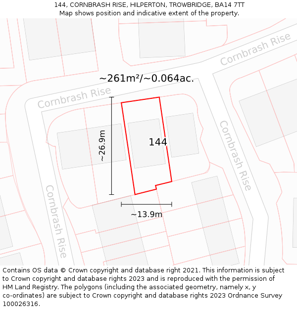 144, CORNBRASH RISE, HILPERTON, TROWBRIDGE, BA14 7TT: Plot and title map