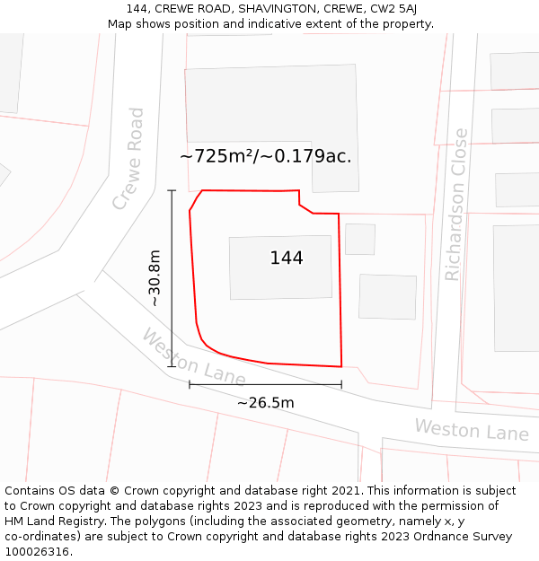 144, CREWE ROAD, SHAVINGTON, CREWE, CW2 5AJ: Plot and title map