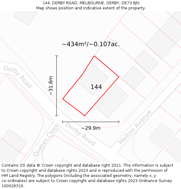 144, DERBY ROAD, MELBOURNE, DERBY, DE73 8JN: Plot and title map