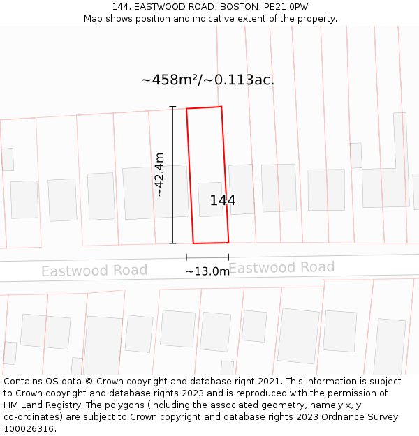 144, EASTWOOD ROAD, BOSTON, PE21 0PW: Plot and title map