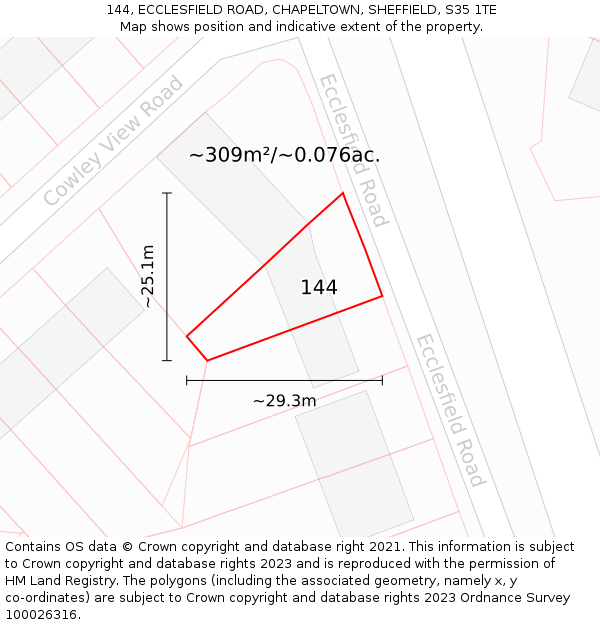 144, ECCLESFIELD ROAD, CHAPELTOWN, SHEFFIELD, S35 1TE: Plot and title map