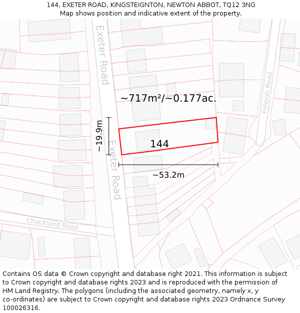 144, EXETER ROAD, KINGSTEIGNTON, NEWTON ABBOT, TQ12 3NG: Plot and title map