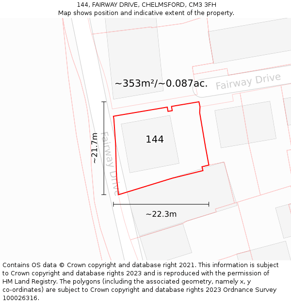 144, FAIRWAY DRIVE, CHELMSFORD, CM3 3FH: Plot and title map