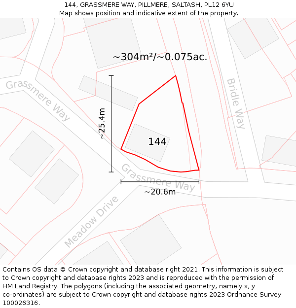 144, GRASSMERE WAY, PILLMERE, SALTASH, PL12 6YU: Plot and title map