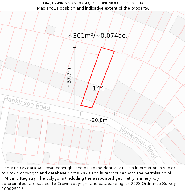 144, HANKINSON ROAD, BOURNEMOUTH, BH9 1HX: Plot and title map