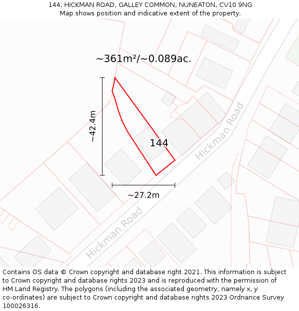 144, HICKMAN ROAD, GALLEY COMMON, NUNEATON, CV10 9NG: Plot and title map