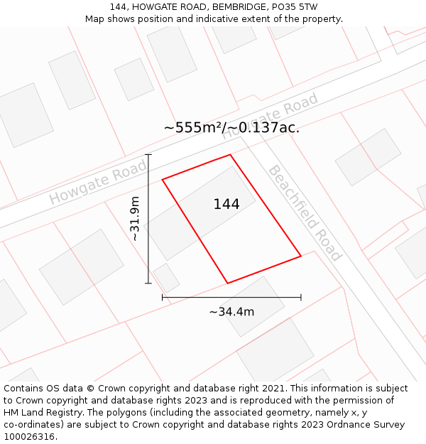 144, HOWGATE ROAD, BEMBRIDGE, PO35 5TW: Plot and title map