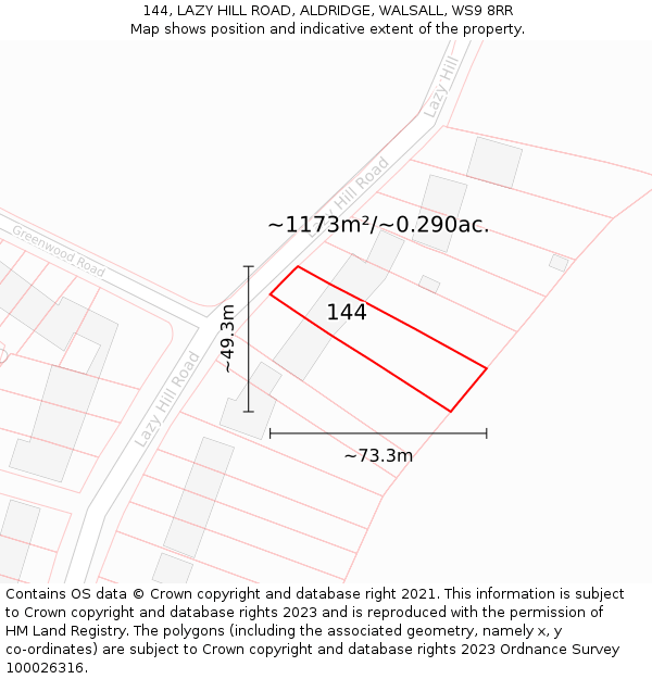 144, LAZY HILL ROAD, ALDRIDGE, WALSALL, WS9 8RR: Plot and title map