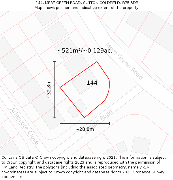 144, MERE GREEN ROAD, SUTTON COLDFIELD, B75 5DB: Plot and title map