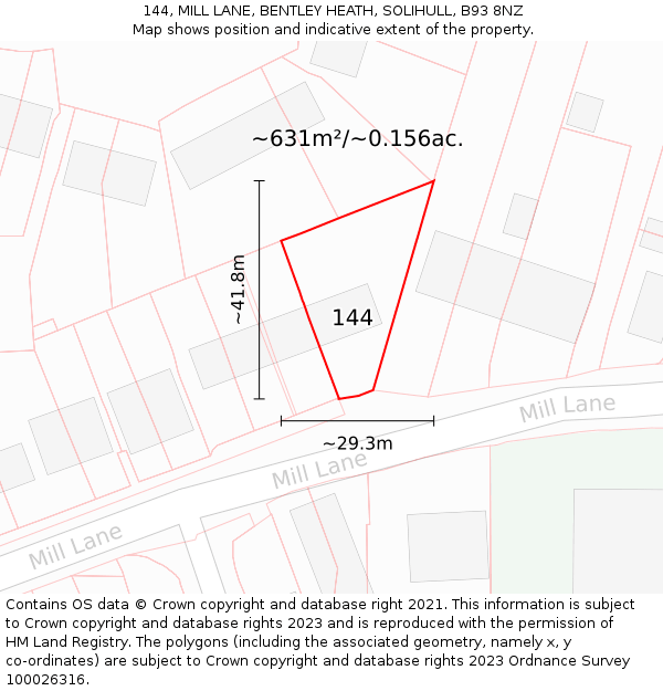 144, MILL LANE, BENTLEY HEATH, SOLIHULL, B93 8NZ: Plot and title map