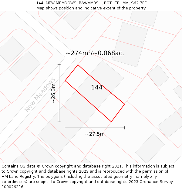 144, NEW MEADOWS, RAWMARSH, ROTHERHAM, S62 7FE: Plot and title map