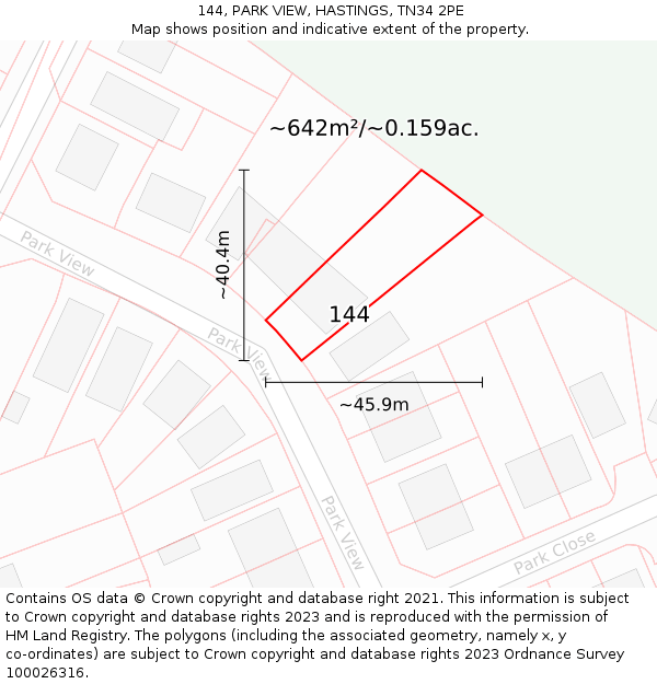 144, PARK VIEW, HASTINGS, TN34 2PE: Plot and title map