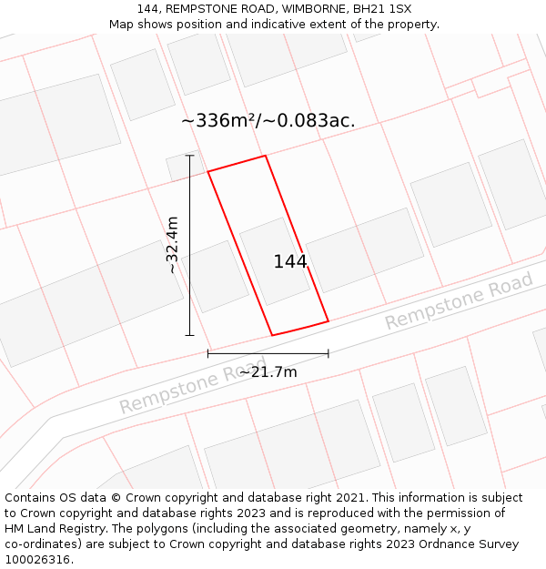 144, REMPSTONE ROAD, WIMBORNE, BH21 1SX: Plot and title map