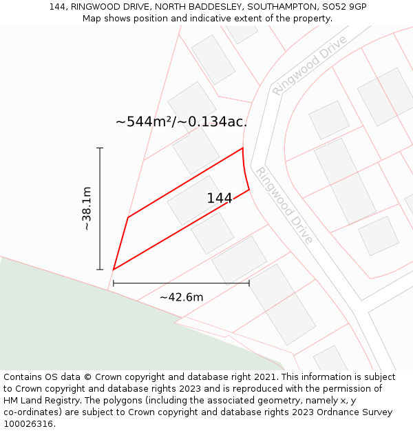 144, RINGWOOD DRIVE, NORTH BADDESLEY, SOUTHAMPTON, SO52 9GP: Plot and title map