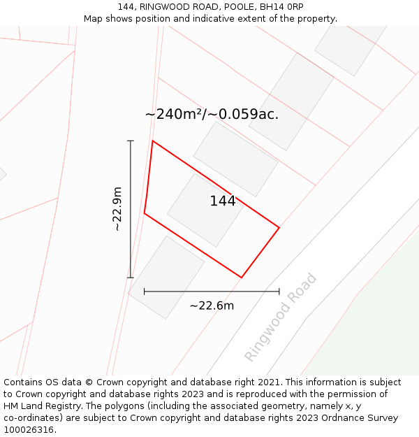 144, RINGWOOD ROAD, POOLE, BH14 0RP: Plot and title map