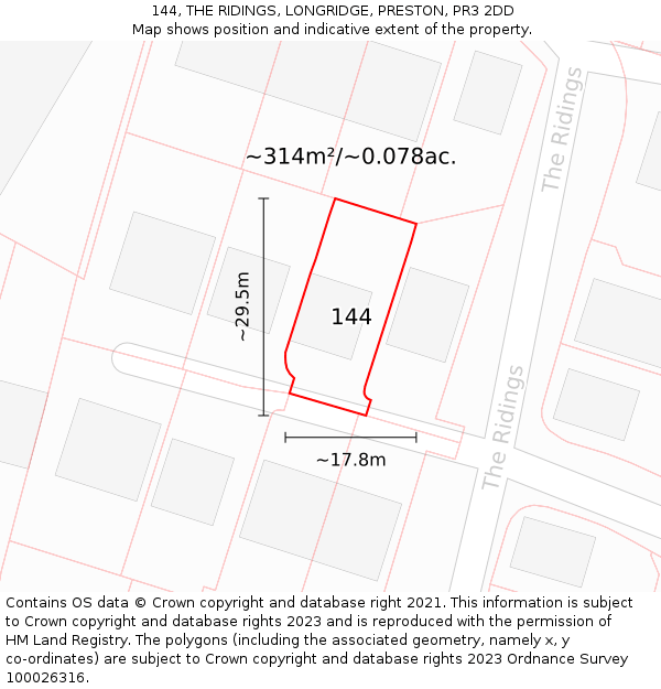 144, THE RIDINGS, LONGRIDGE, PRESTON, PR3 2DD: Plot and title map