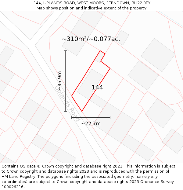 144, UPLANDS ROAD, WEST MOORS, FERNDOWN, BH22 0EY: Plot and title map