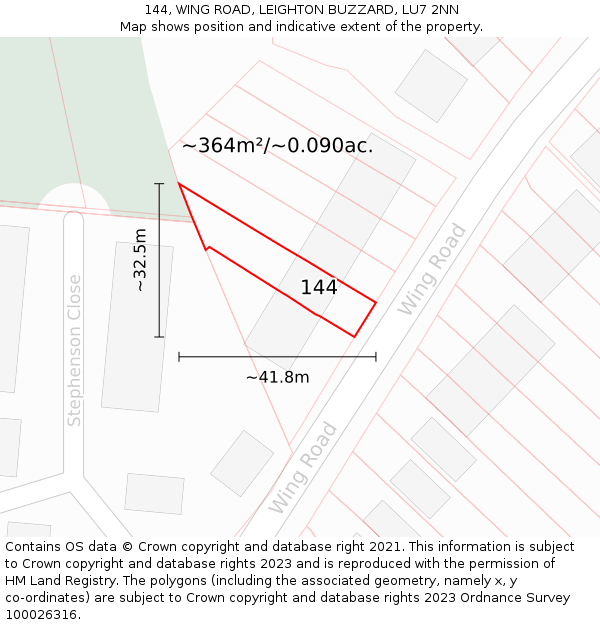 144, WING ROAD, LEIGHTON BUZZARD, LU7 2NN: Plot and title map