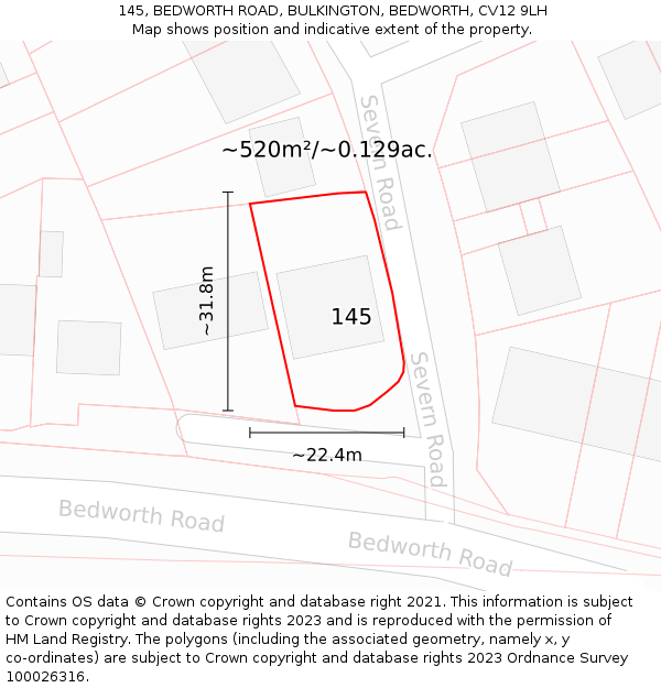 145, BEDWORTH ROAD, BULKINGTON, BEDWORTH, CV12 9LH: Plot and title map