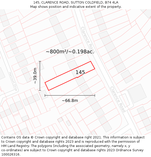 145, CLARENCE ROAD, SUTTON COLDFIELD, B74 4LA: Plot and title map