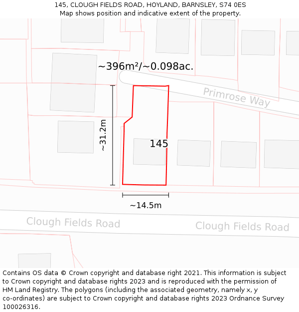 145, CLOUGH FIELDS ROAD, HOYLAND, BARNSLEY, S74 0ES: Plot and title map