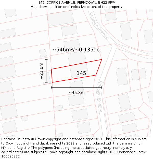 145, COPPICE AVENUE, FERNDOWN, BH22 9PW: Plot and title map