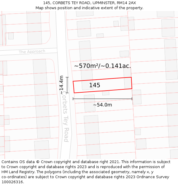 145, CORBETS TEY ROAD, UPMINSTER, RM14 2AX: Plot and title map