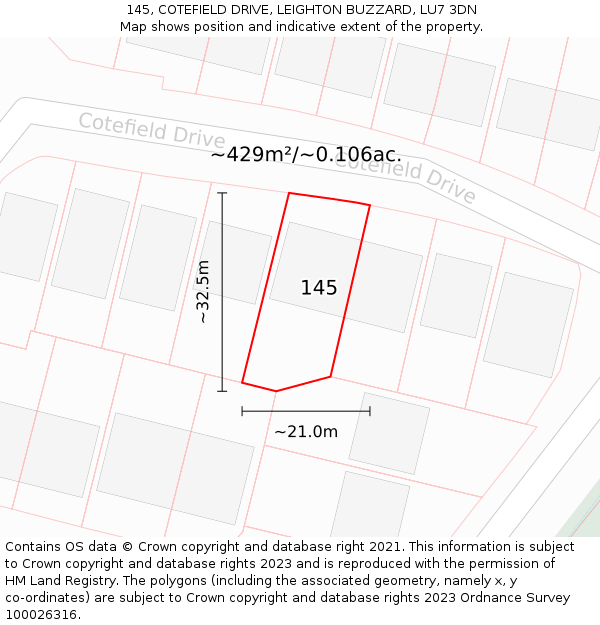 145, COTEFIELD DRIVE, LEIGHTON BUZZARD, LU7 3DN: Plot and title map