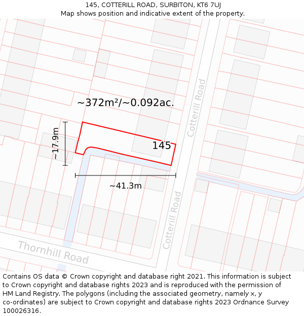 145, COTTERILL ROAD, SURBITON, KT6 7UJ: Plot and title map