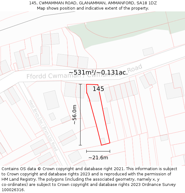 145, CWMAMMAN ROAD, GLANAMMAN, AMMANFORD, SA18 1DZ: Plot and title map