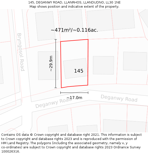 145, DEGANWY ROAD, LLANRHOS, LLANDUDNO, LL30 1NE: Plot and title map