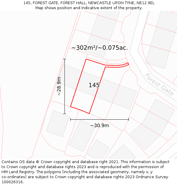 145, FOREST GATE, FOREST HALL, NEWCASTLE UPON TYNE, NE12 9EL: Plot and title map