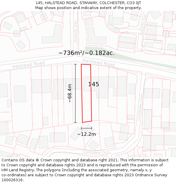 145, HALSTEAD ROAD, STANWAY, COLCHESTER, CO3 0JT: Plot and title map