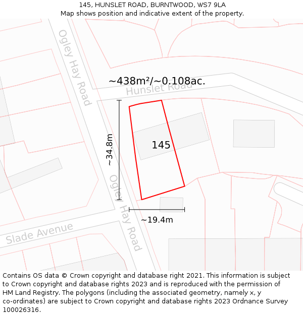 145, HUNSLET ROAD, BURNTWOOD, WS7 9LA: Plot and title map