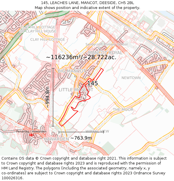 145, LEACHES LANE, MANCOT, DEESIDE, CH5 2BL: Plot and title map