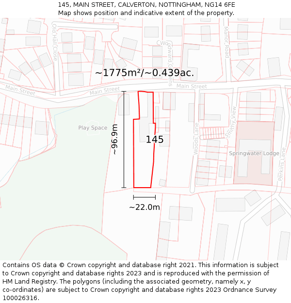 145, MAIN STREET, CALVERTON, NOTTINGHAM, NG14 6FE: Plot and title map