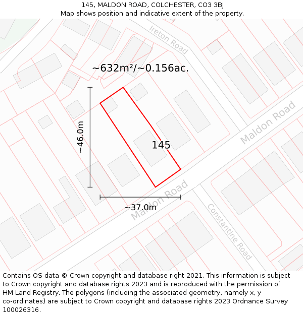 145, MALDON ROAD, COLCHESTER, CO3 3BJ: Plot and title map