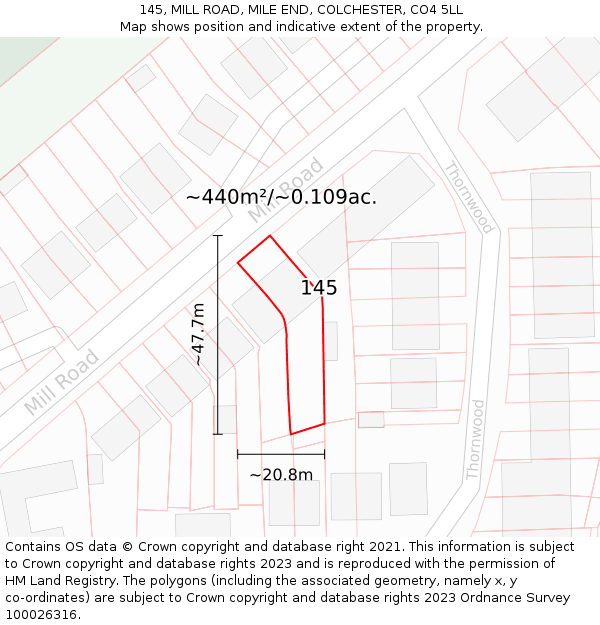 145, MILL ROAD, MILE END, COLCHESTER, CO4 5LL: Plot and title map