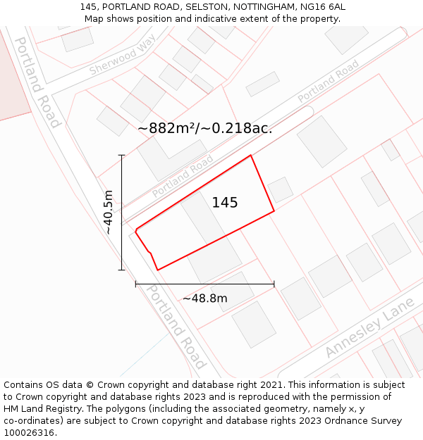 145, PORTLAND ROAD, SELSTON, NOTTINGHAM, NG16 6AL: Plot and title map