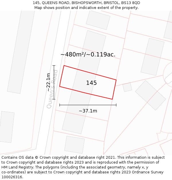 145, QUEENS ROAD, BISHOPSWORTH, BRISTOL, BS13 8QD: Plot and title map